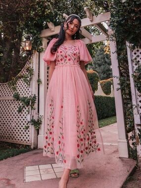 JessaKae Pink Floral Embroidered Maxi Dress with Flutter Sleeves
